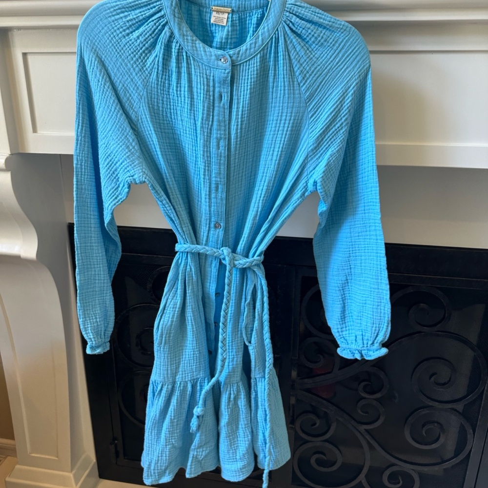 $178 Magaschoni XS/TP Cotton Gauze Belted Blue Dress